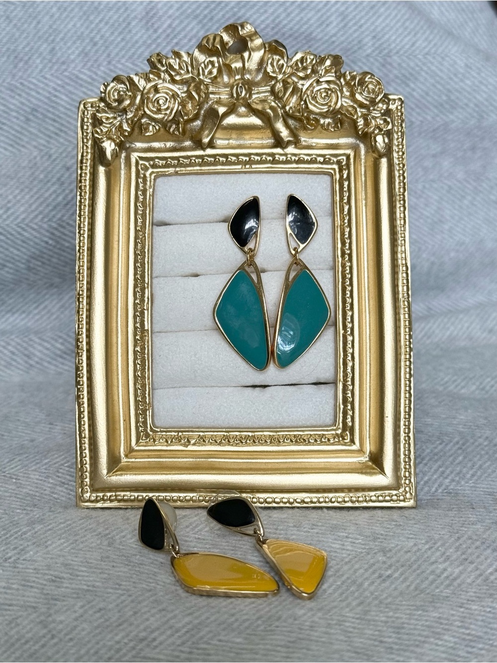 Avon Lot of two Gold Tone Enamel Statement Earrings Green Black Yellow